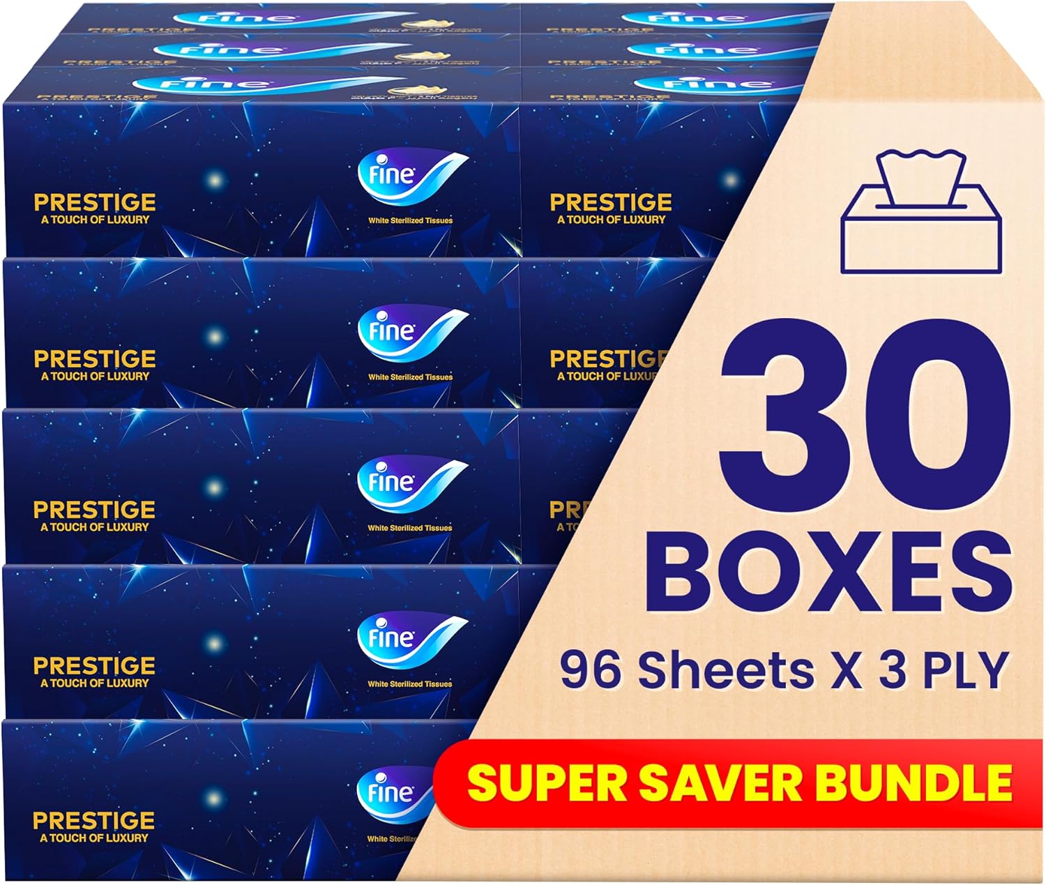 Fine Prestige Facial Tissue boxes, 30 Packs of 96 sheets x 3 Ply