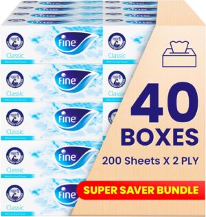 Fine Facial Tissue Boxes, 40 Packs of 200 Sheets x 2 Ply