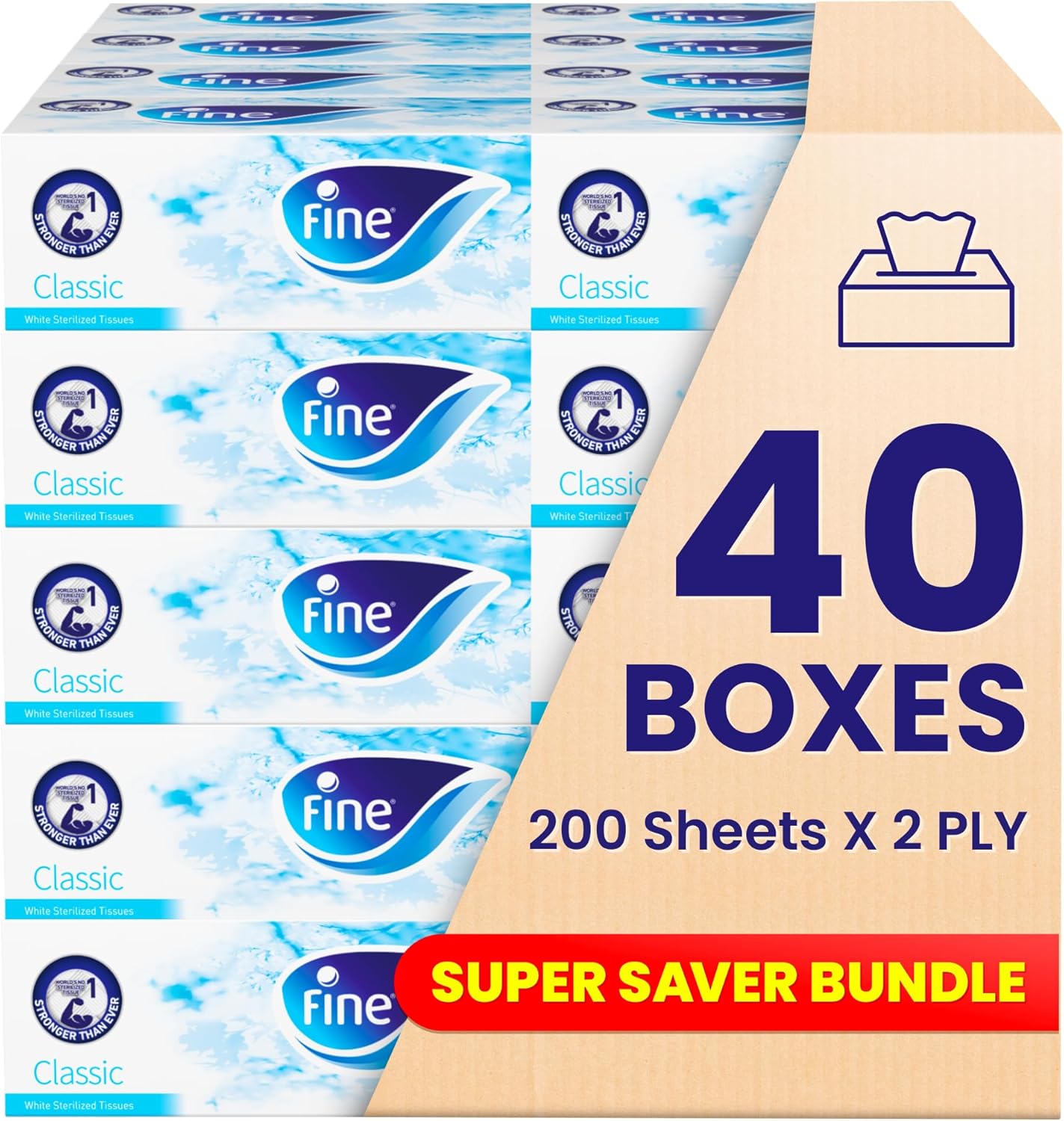 Fine Facial Tissue Boxes, 40 Packs of 200 Sheets x 2 Ply